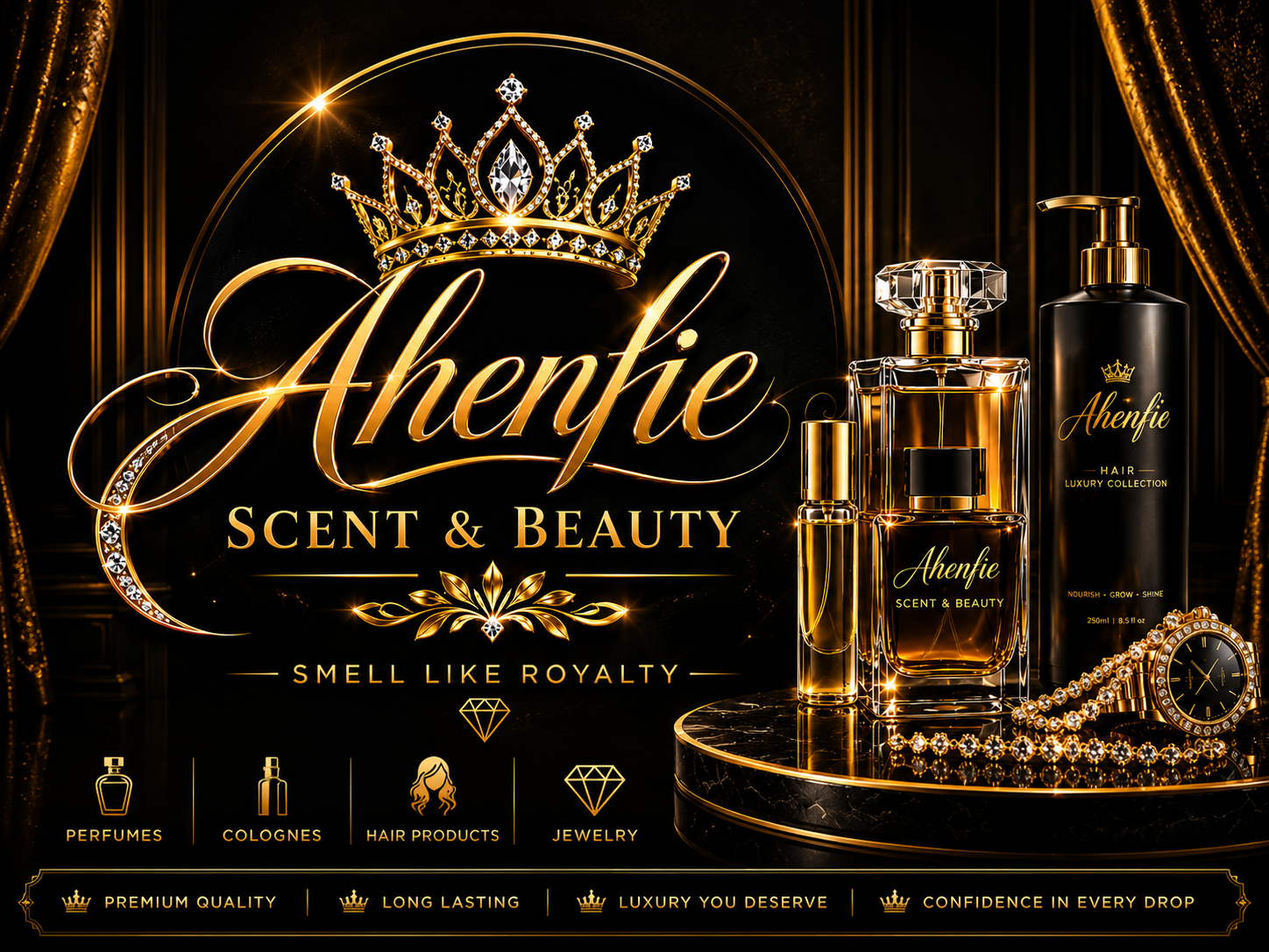 Ahenfie Scent and Beauty luxury perfume, cologne, hair products, and jewelry hero artwork
